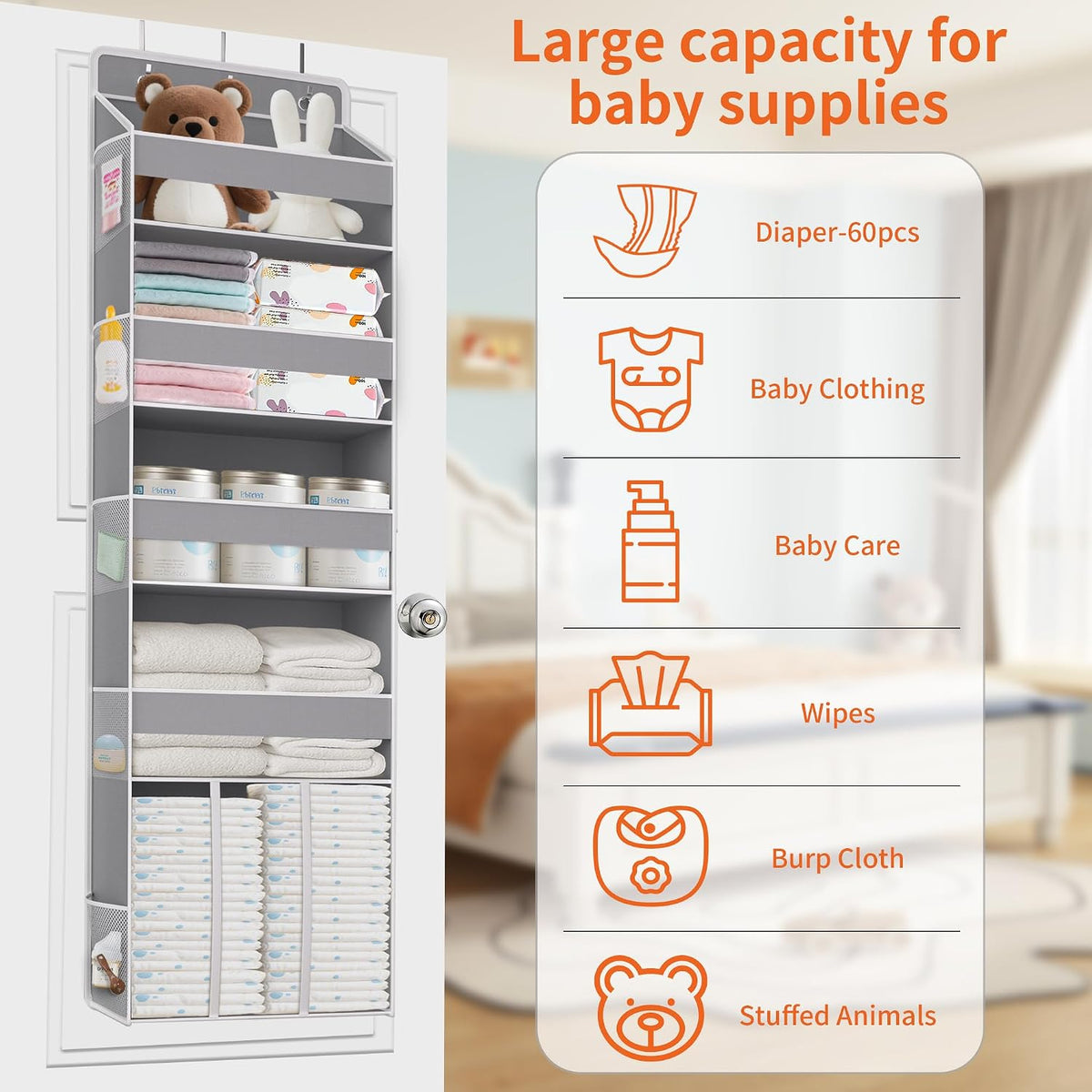 5-Tier Over the Door Nursery Organizer with 10 Mesh Pockets
