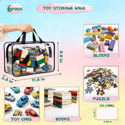 6 Pack Large Toy Storage Bags Clear Organizer Bags with Double Zipper