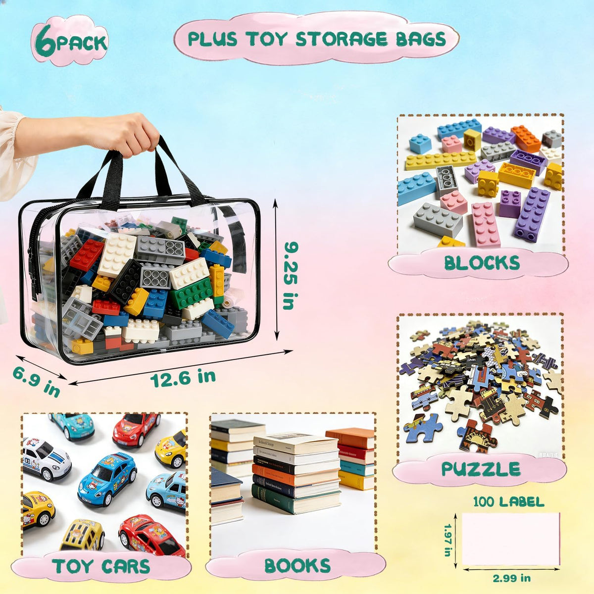 6 Pack Large Toy Storage Bags Clear Organizer Bags with Double Zipper