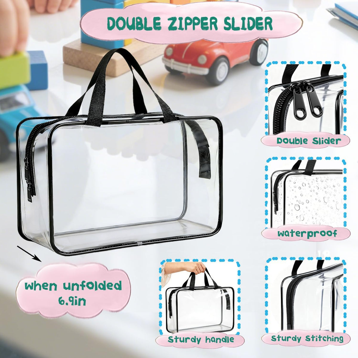 6 Pack Large Toy Storage Bags Clear Organizer Bags with Double Zipper
