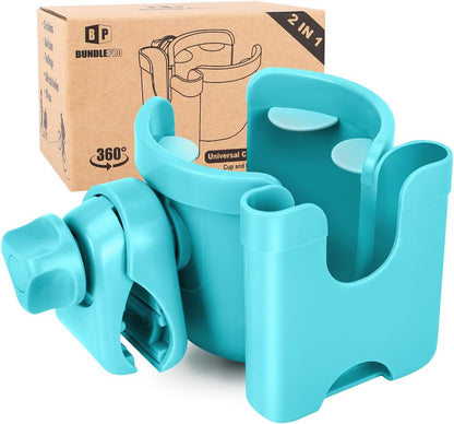 Universal Stroller Cup Holder with Mobile Phone Case, 2-in-1 Strollers Storage Rack, 360 Degrees Rotation Drink Holder for Bike, Pushchair, Wheelchair, Walker,Bicycle, Fits Most Cups