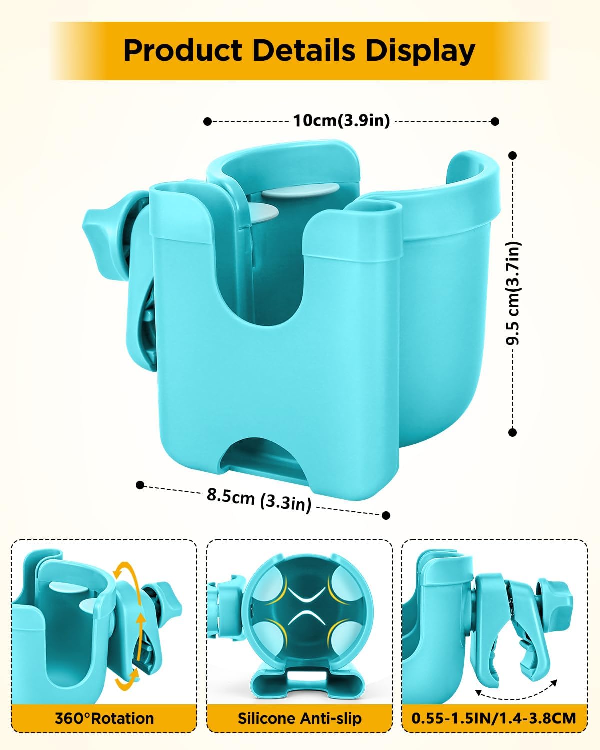 Universal Stroller Cup Holder with Mobile Phone Case, 2-in-1 Strollers Storage Rack, 360 Degrees Rotation Drink Holder for Bike, Pushchair, Wheelchair, Walker,Bicycle, Fits Most Cups