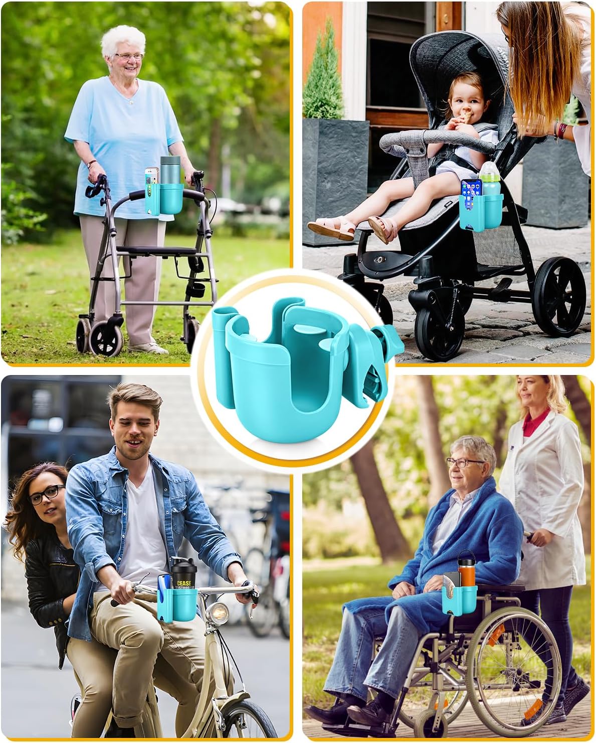 Universal Stroller Cup Holder with Mobile Phone Case, 2-in-1 Strollers Storage Rack, 360 Degrees Rotation Drink Holder for Bike, Pushchair, Wheelchair, Walker,Bicycle, Fits Most Cups
