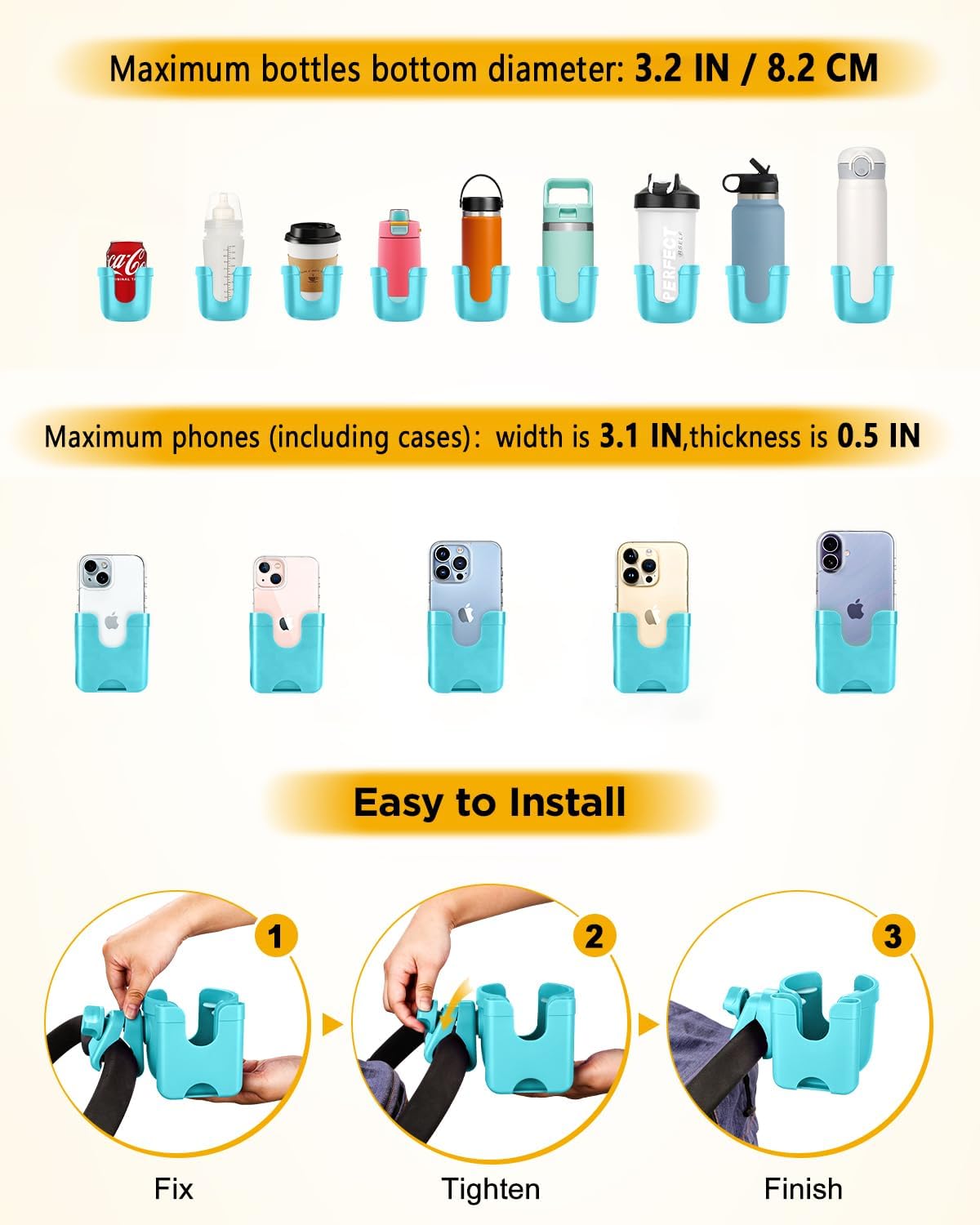 Universal Stroller Cup Holder with Mobile Phone Case, 2-in-1 Strollers Storage Rack, 360 Degrees Rotation Drink Holder for Bike, Pushchair, Wheelchair, Walker,Bicycle, Fits Most Cups
