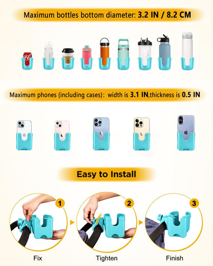 Universal Stroller Cup Holder with Mobile Phone Case, 2-in-1 Strollers Storage Rack, 360 Degrees Rotation Drink Holder for Bike, Pushchair, Wheelchair, Walker,Bicycle, Fits Most Cups