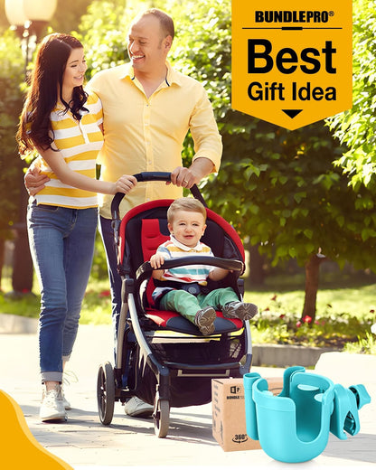 Universal Stroller Cup Holder with Mobile Phone Case, 2-in-1 Strollers Storage Rack, 360 Degrees Rotation Drink Holder for Bike, Pushchair, Wheelchair, Walker,Bicycle, Fits Most Cups