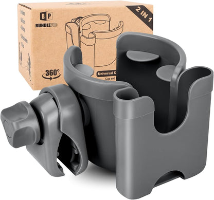 Universal Stroller Cup Holder with Mobile Phone Case, 2-in-1 Strollers Storage Rack, 360 Degrees Rotation Drink Holder for Bike, Pushchair, Wheelchair, Walker,Bicycle, Fits Most Cups