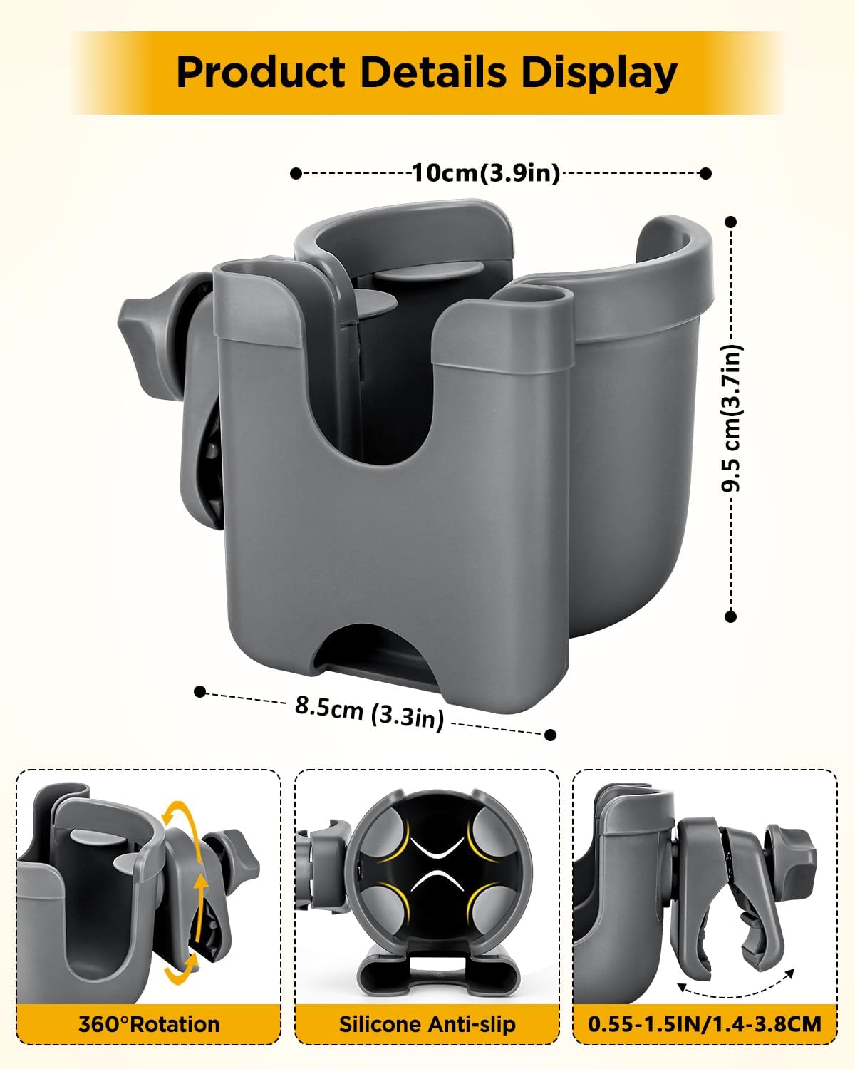 Universal Stroller Cup Holder with Mobile Phone Case, 2-in-1 Strollers Storage Rack, 360 Degrees Rotation Drink Holder for Bike, Pushchair, Wheelchair, Walker,Bicycle, Fits Most Cups