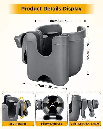 Universal Stroller Cup Holder with Mobile Phone Case, 2-in-1 Strollers Storage Rack, 360 Degrees Rotation Drink Holder for Bike, Pushchair, Wheelchair, Walker,Bicycle, Fits Most Cups