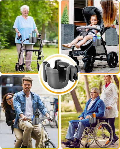 Universal Stroller Cup Holder with Mobile Phone Case, 2-in-1 Strollers Storage Rack, 360 Degrees Rotation Drink Holder for Bike, Pushchair, Wheelchair, Walker,Bicycle, Fits Most Cups