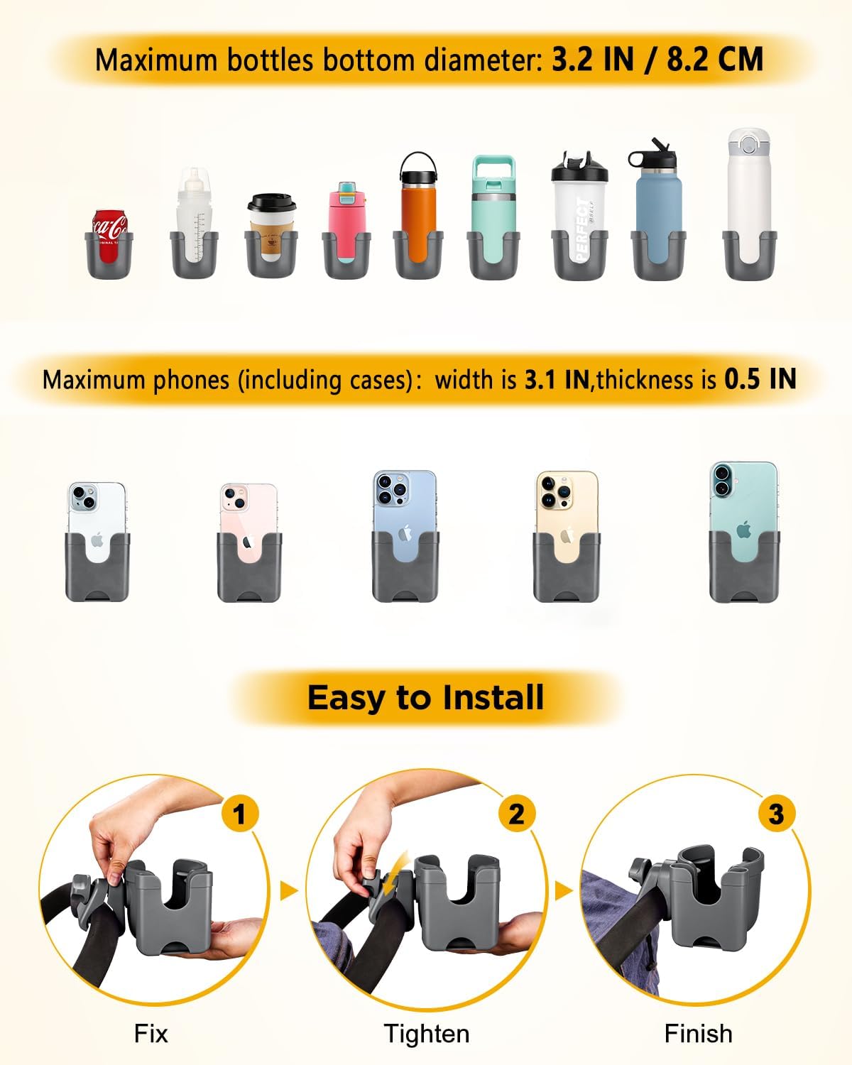Universal Stroller Cup Holder with Mobile Phone Case, 2-in-1 Strollers Storage Rack, 360 Degrees Rotation Drink Holder for Bike, Pushchair, Wheelchair, Walker,Bicycle, Fits Most Cups