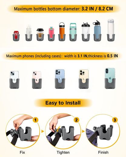 Universal Stroller Cup Holder with Mobile Phone Case, 2-in-1 Strollers Storage Rack, 360 Degrees Rotation Drink Holder for Bike, Pushchair, Wheelchair, Walker,Bicycle, Fits Most Cups