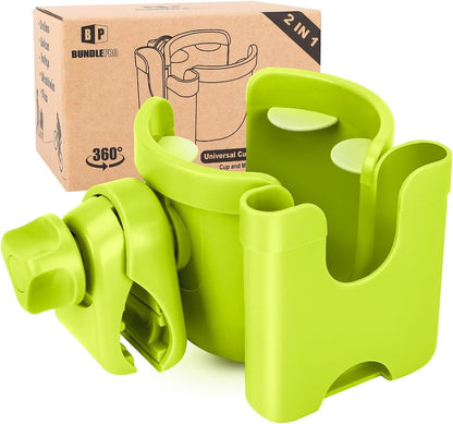Universal Stroller Cup Holder with Mobile Phone Case, 2-in-1 Strollers Storage Rack, 360 Degrees Rotation Drink Holder for Bike, Pushchair, Wheelchair, Walker,Bicycle, Fits Most Cups