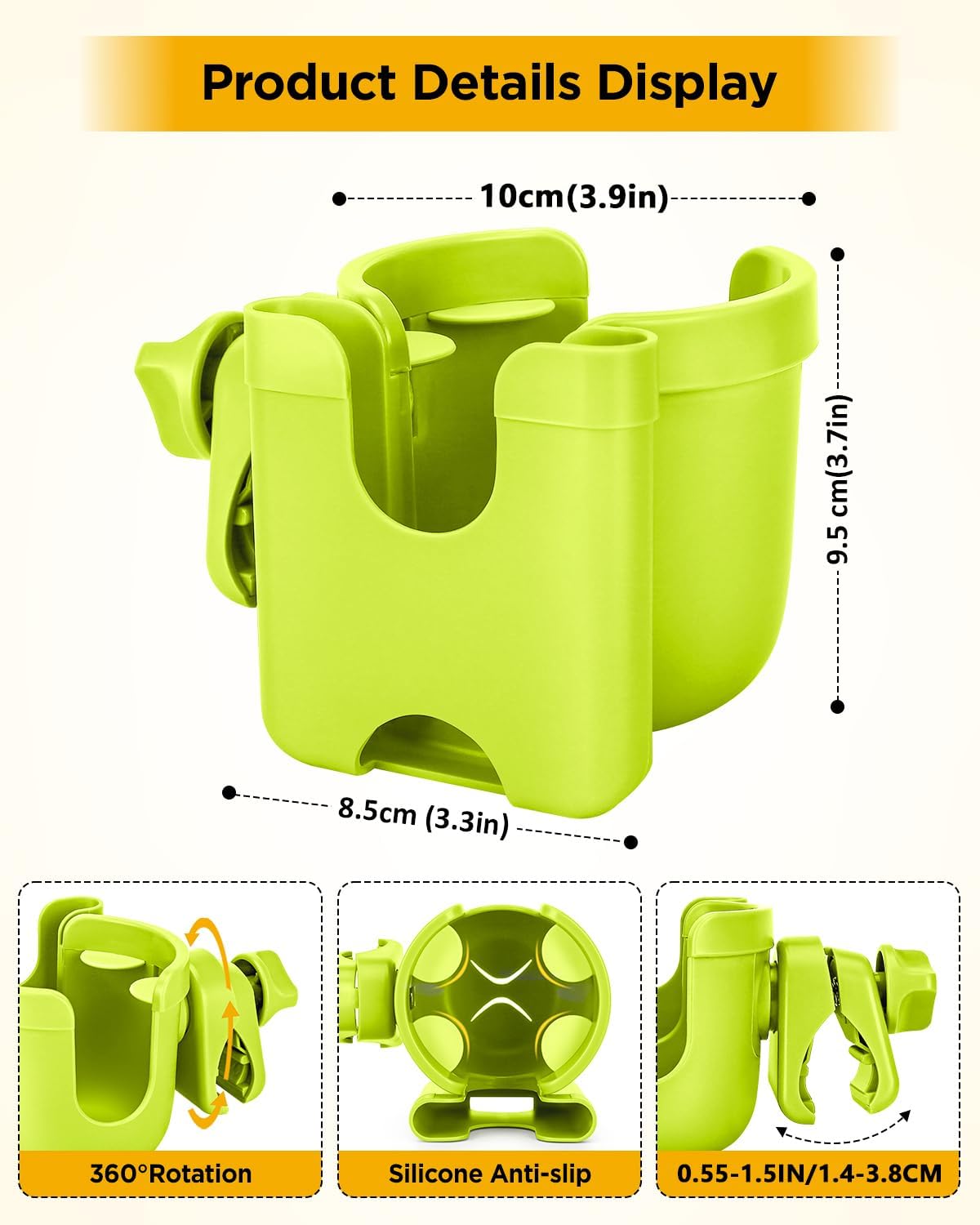Universal Stroller Cup Holder with Mobile Phone Case, 2-in-1 Strollers Storage Rack, 360 Degrees Rotation Drink Holder for Bike, Pushchair, Wheelchair, Walker,Bicycle, Fits Most Cups