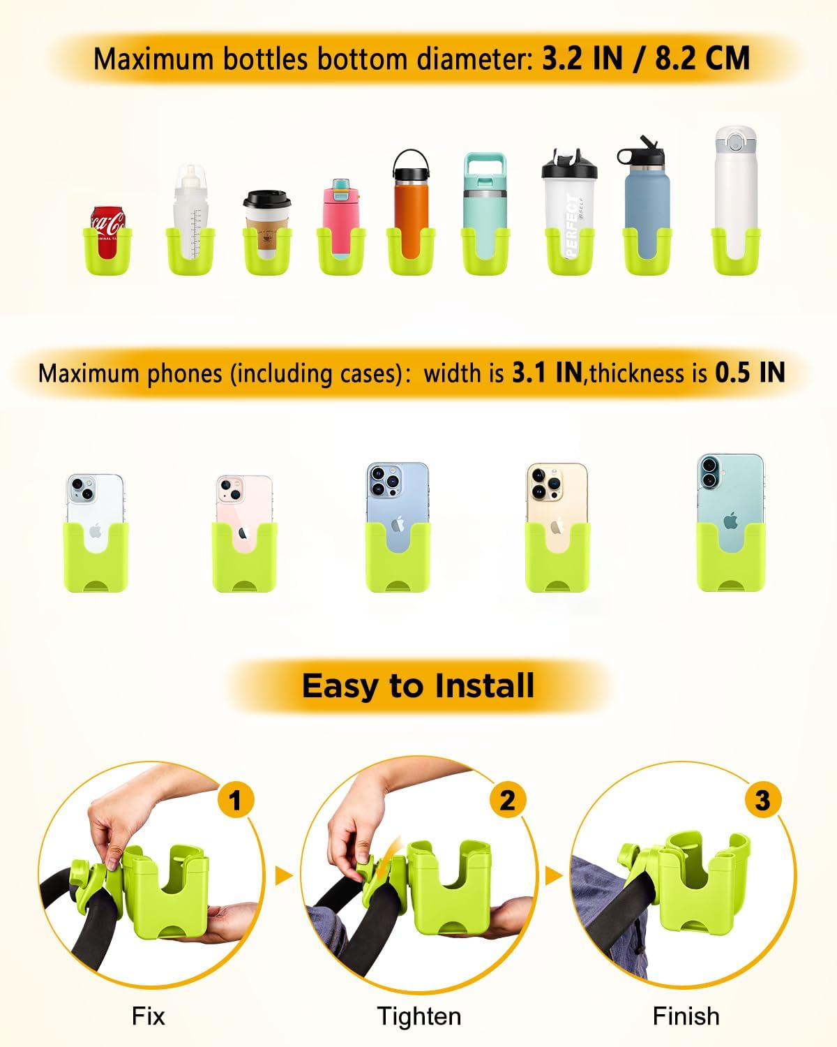 Universal Stroller Cup Holder with Mobile Phone Case, 2-in-1 Strollers Storage Rack, 360 Degrees Rotation Drink Holder for Bike, Pushchair, Wheelchair, Walker,Bicycle, Fits Most Cups