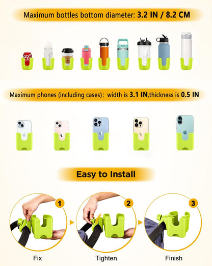 Universal Stroller Cup Holder with Mobile Phone Case, 2-in-1 Strollers Storage Rack, 360 Degrees Rotation Drink Holder for Bike, Pushchair, Wheelchair, Walker,Bicycle, Fits Most Cups