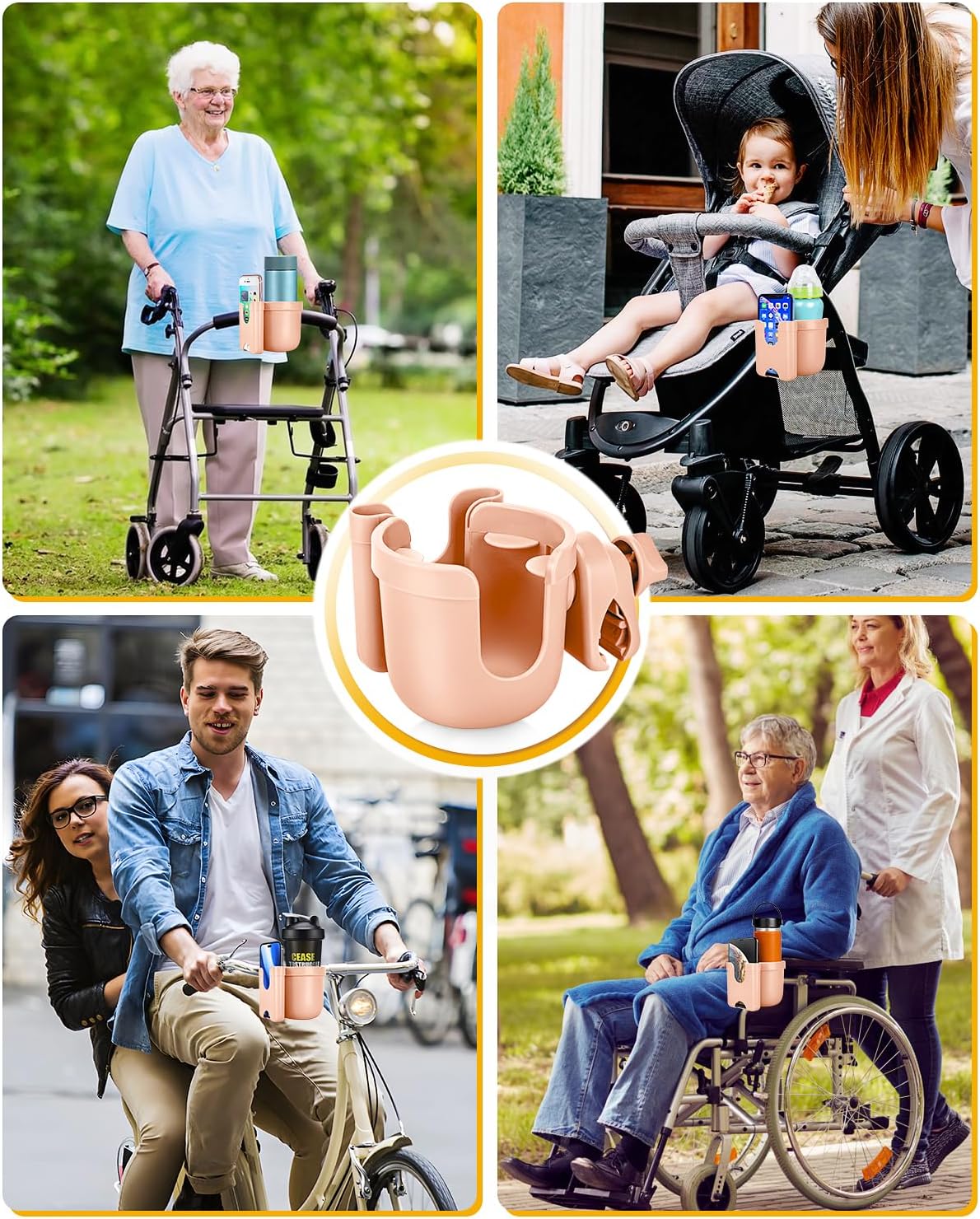 Universal Stroller Cup Holder with Mobile Phone Case, 2-in-1 Strollers Storage Rack, 360 Degrees Rotation Drink Holder for Bike, Pushchair, Wheelchair, Walker,Bicycle, Fits Most Cups