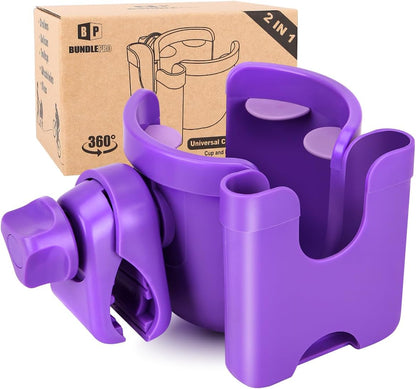Universal Stroller Cup Holder with Mobile Phone Case, 2-in-1 Strollers Storage Rack, 360 Degrees Rotation Drink Holder for Bike, Pushchair, Wheelchair, Walker,Bicycle, Fits Most Cups