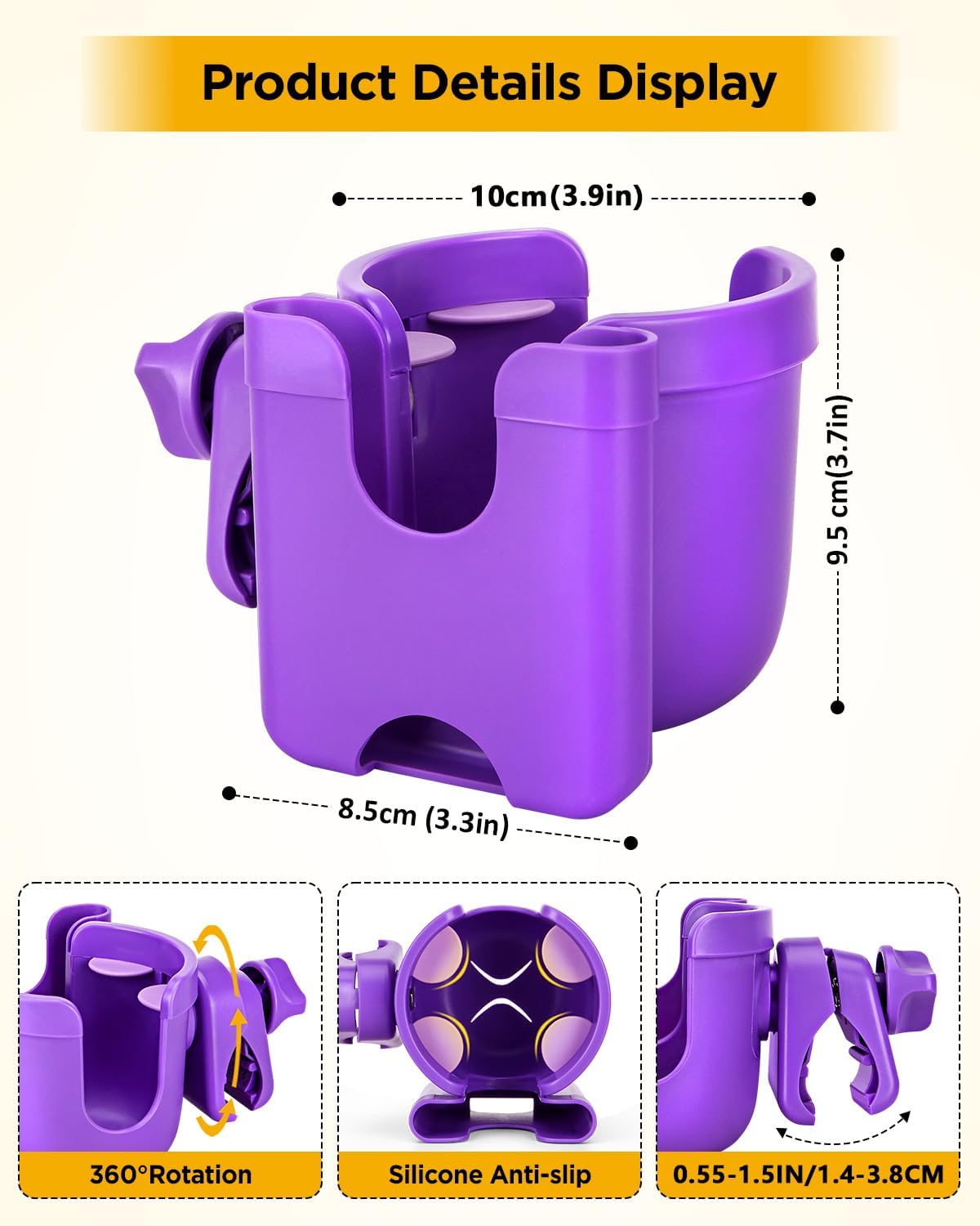 Universal Stroller Cup Holder with Mobile Phone Case, 2-in-1 Strollers Storage Rack, 360 Degrees Rotation Drink Holder for Bike, Pushchair, Wheelchair, Walker,Bicycle, Fits Most Cups
