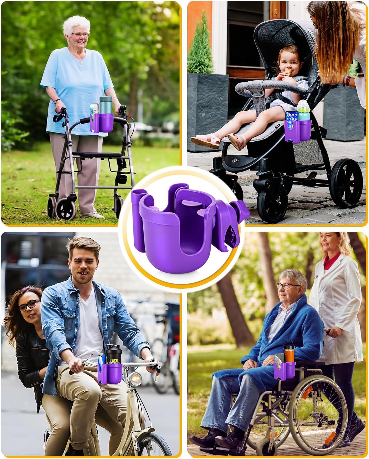 Universal Stroller Cup Holder with Mobile Phone Case, 2-in-1 Strollers Storage Rack, 360 Degrees Rotation Drink Holder for Bike, Pushchair, Wheelchair, Walker,Bicycle, Fits Most Cups