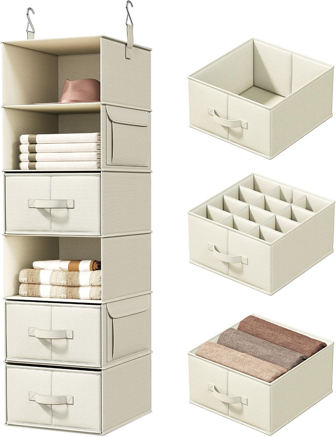 6-Shelf Hanging Closet Organizer with 3 Drawers, 2-in-1 Design, Beige