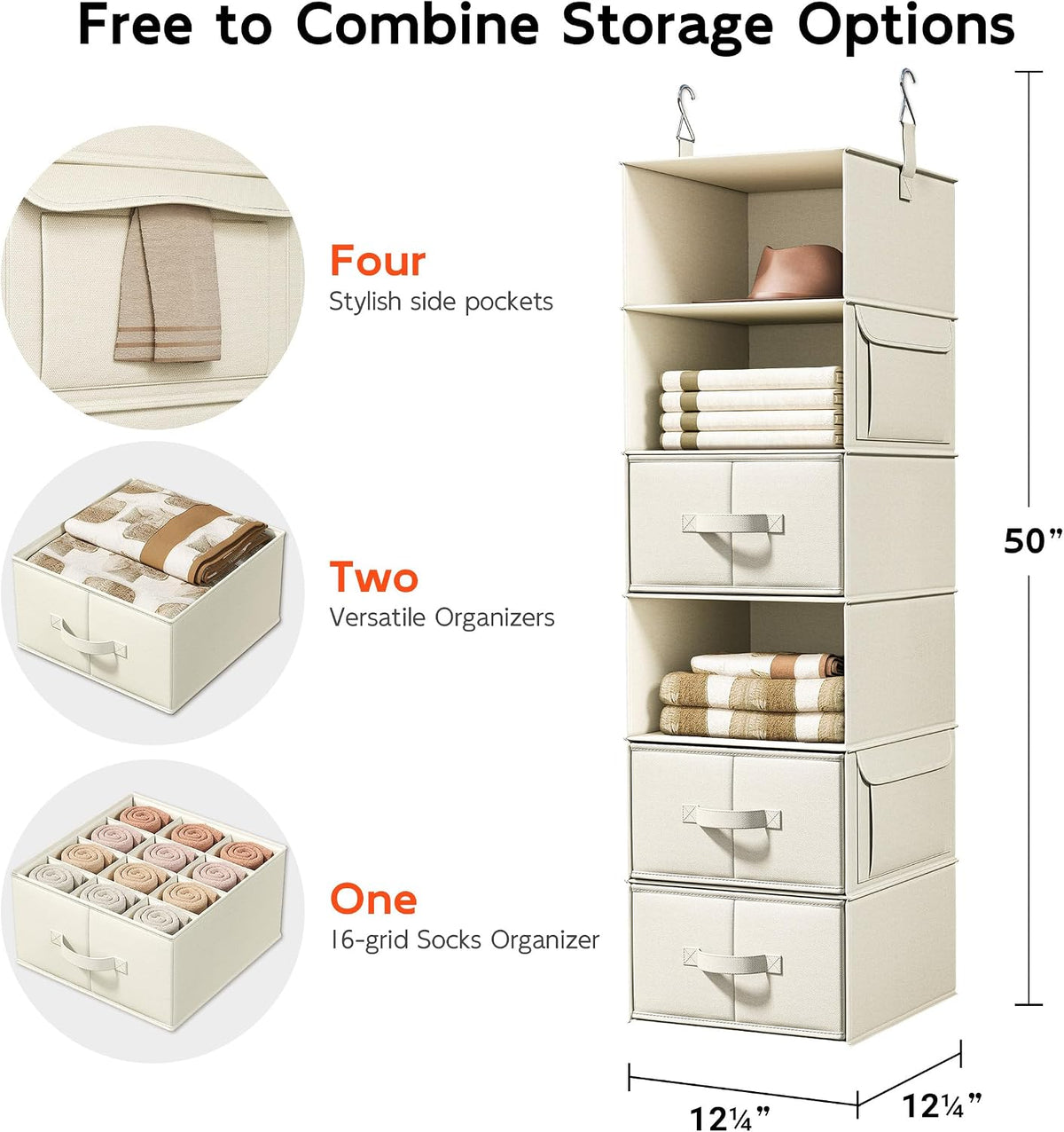 6-Shelf Hanging Closet Organizer with 3 Drawers, 2-in-1 Design, Beige