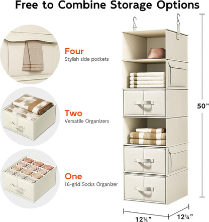 6-Shelf Hanging Closet Organizer with 3 Drawers, 2-in-1 Design, Beige