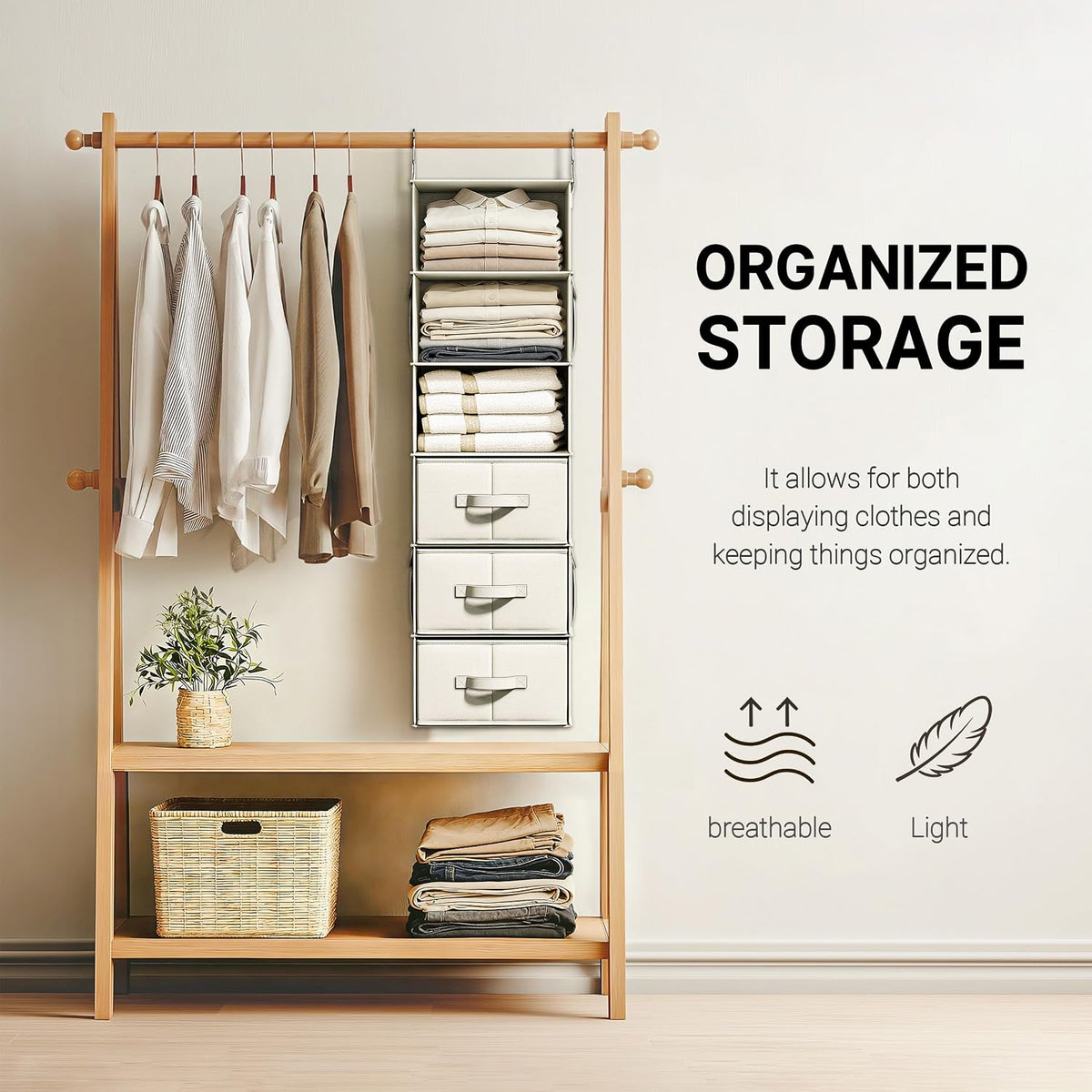 6-Shelf Hanging Closet Organizer with 3 Drawers, 2-in-1 Design, Beige