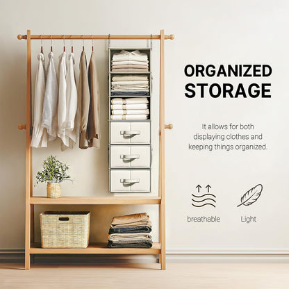 6-Shelf Hanging Closet Organizer with 3 Drawers, 2-in-1 Design, Beige