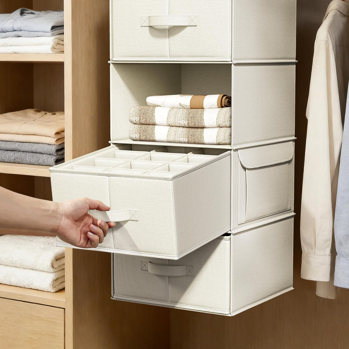 6-Shelf Hanging Closet Organizer with 3 Drawers, 2-in-1 Design, Beige