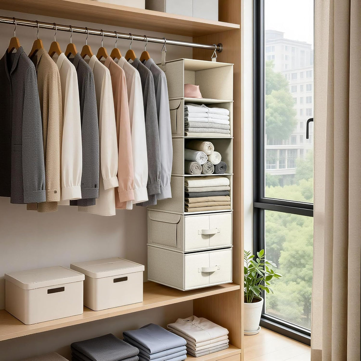 6-Shelf Hanging Closet Organizer with 3 Drawers, 2-in-1 Design, Beige