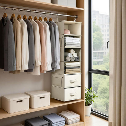 6-Shelf Hanging Closet Organizer with 3 Drawers, 2-in-1 Design, Beige