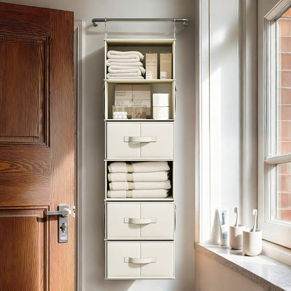 6-Shelf Hanging Closet Organizer with 3 Drawers, 2-in-1 Design, Beige
