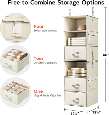 6-Shelf Hanging Closet Organizer with 3 Drawers, 2-in-1 Design, Beige