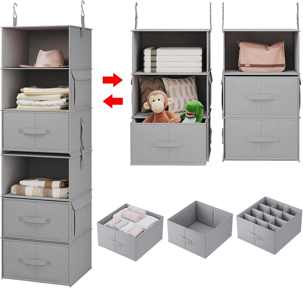 6-Shelf Hanging Closet Organizer with 3 Drawers, 2-in-1 Design, Beige
