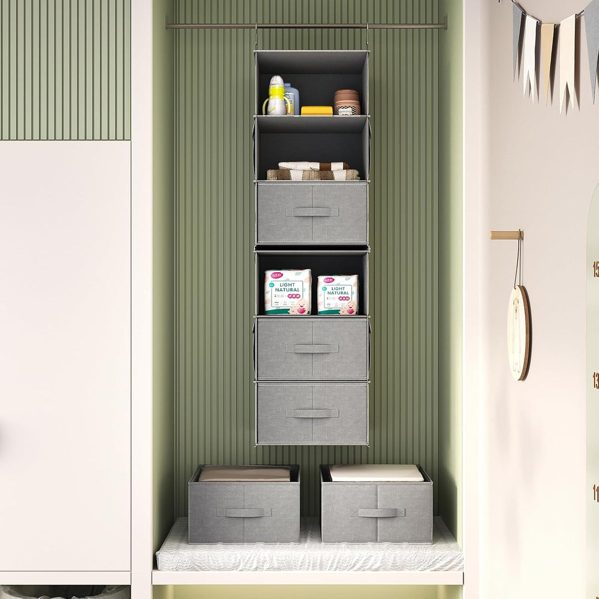 6-Shelf Hanging Closet Organizer with 3 Drawers, 2-in-1 Design, Beige