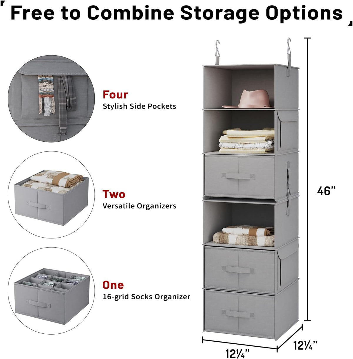 6-Shelf Hanging Closet Organizer with 3 Drawers, 2-in-1 Design, Beige