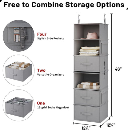 6-Shelf Hanging Closet Organizer with 3 Drawers, 2-in-1 Design, Beige