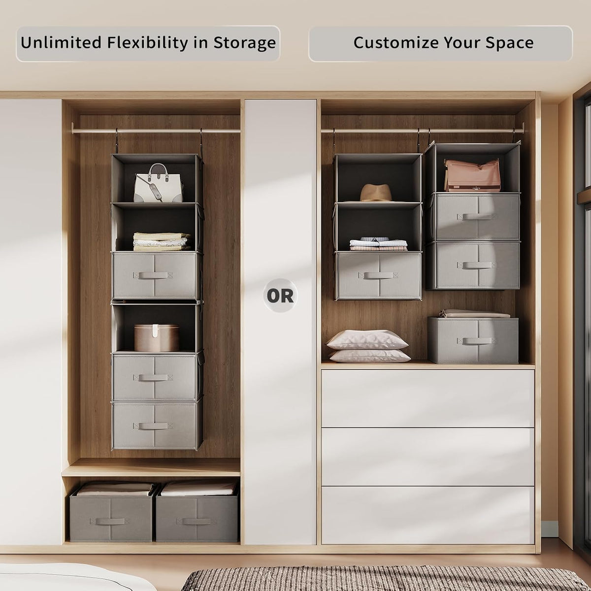 6-Shelf Hanging Closet Organizer with 3 Drawers, 2-in-1 Design, Beige