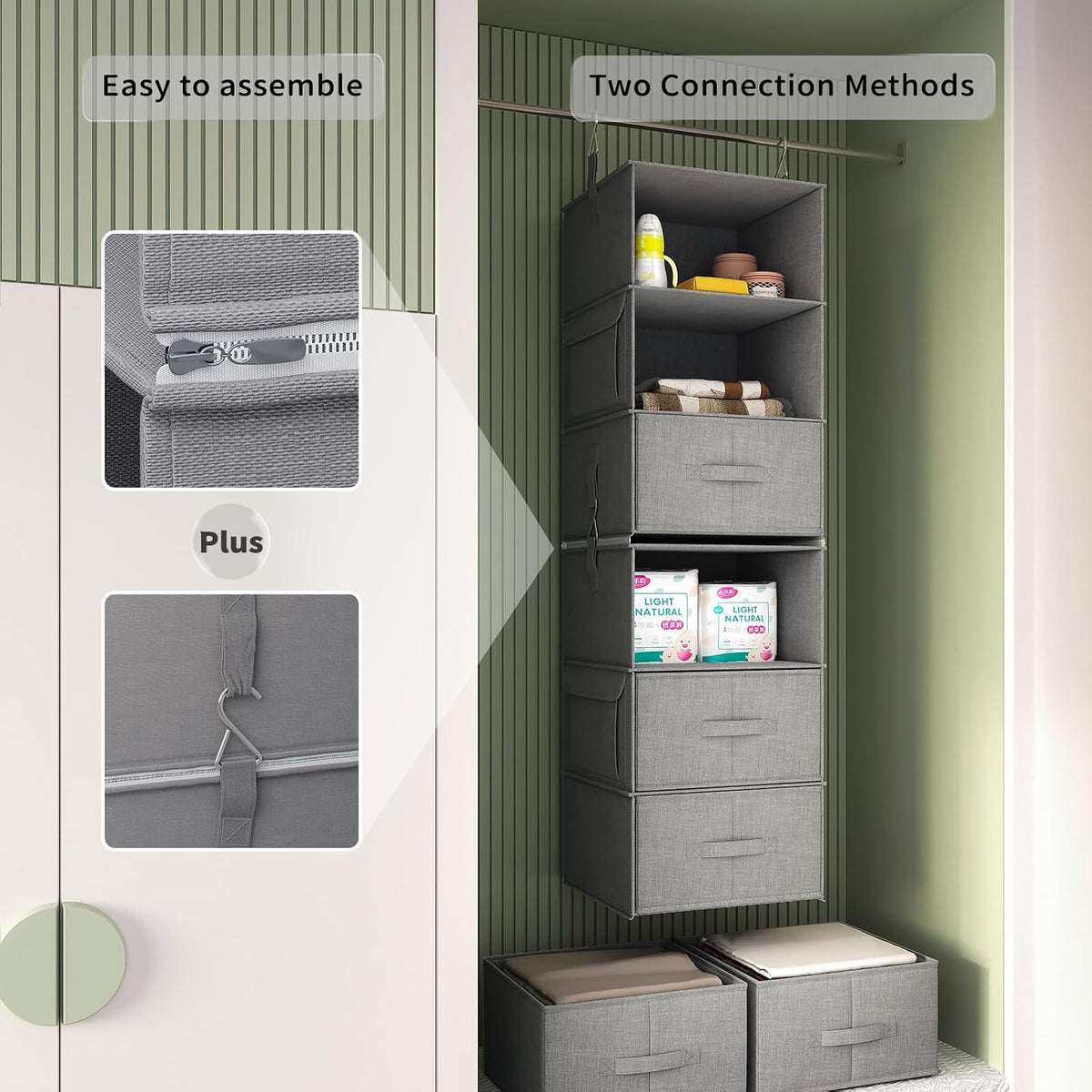 6-Shelf Hanging Closet Organizer with 3 Drawers, 2-in-1 Design, Beige