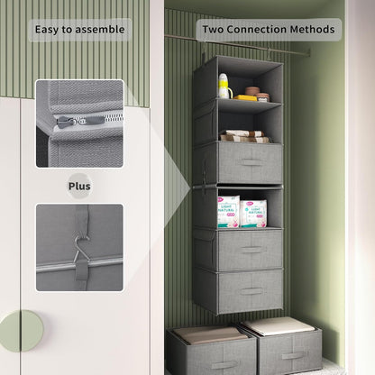 6-Shelf Hanging Closet Organizer with 3 Drawers, 2-in-1 Design, Beige