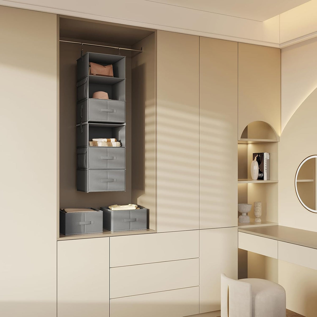 6-Shelf Hanging Closet Organizer with 3 Drawers, 2-in-1 Design, Beige