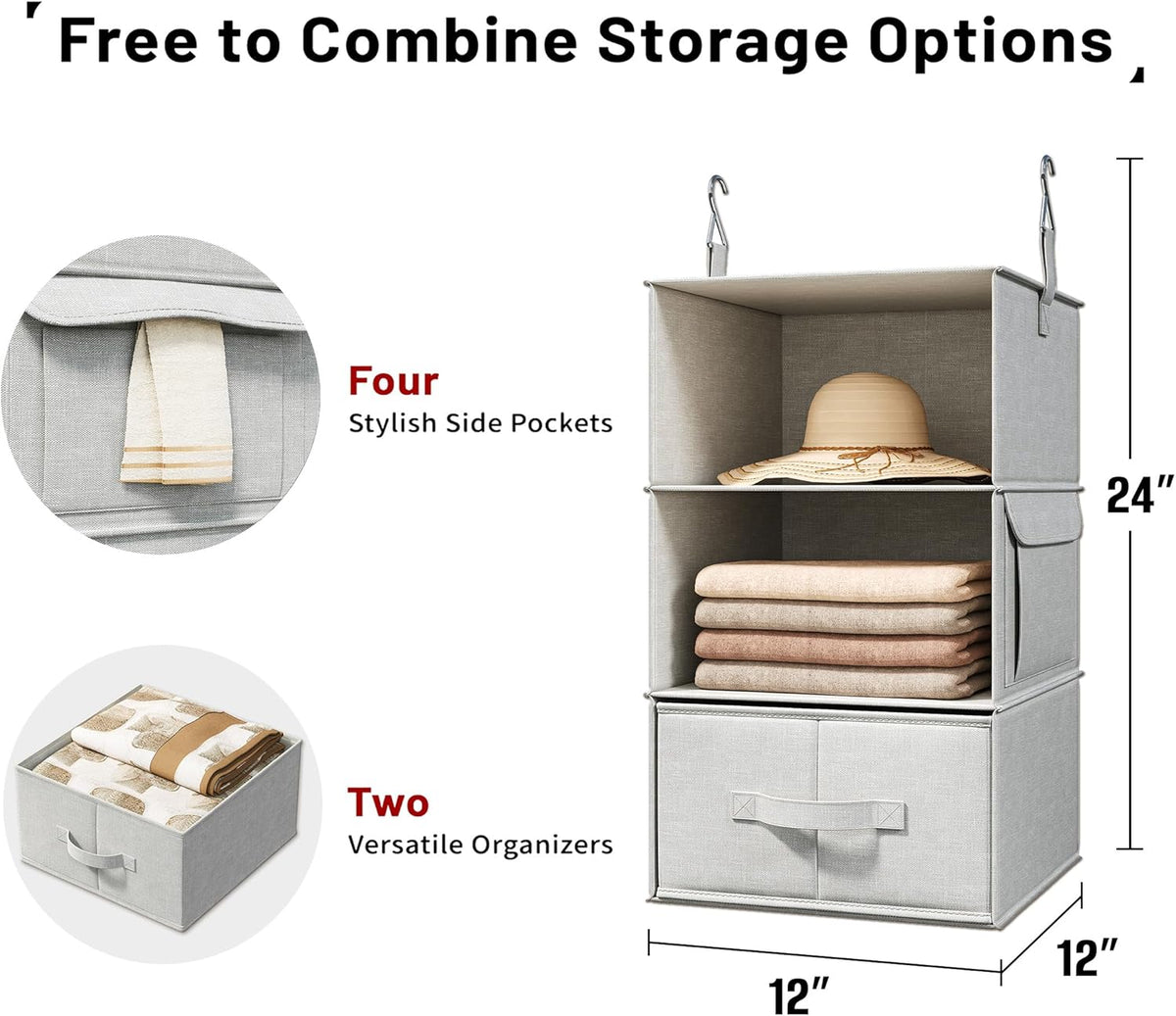 6-Shelf Hanging Closet Organizer with 3 Drawers, 2-in-1 Design, Beige