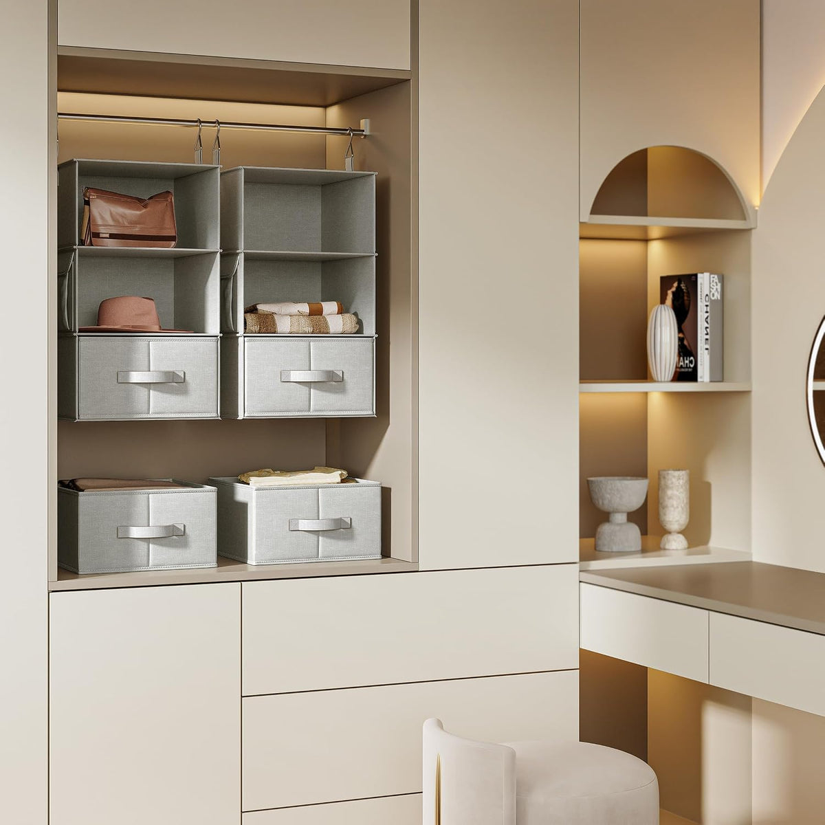 6-Shelf Hanging Closet Organizer with 3 Drawers, 2-in-1 Design, Beige