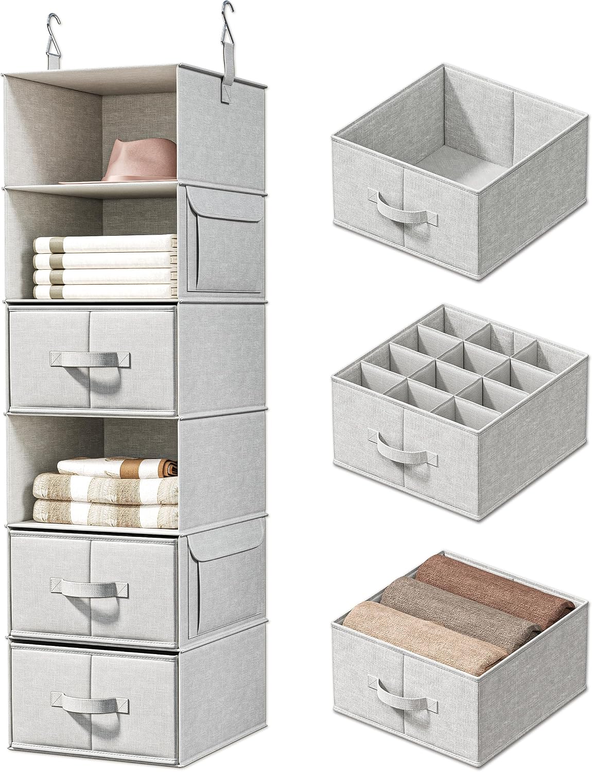6-Shelf Hanging Closet Organizer with 3 Drawers, 2-in-1 Design, Beige