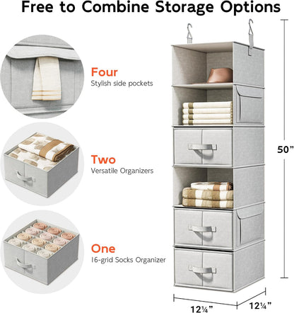 6-Shelf Hanging Closet Organizer with 3 Drawers, 2-in-1 Design, Beige
