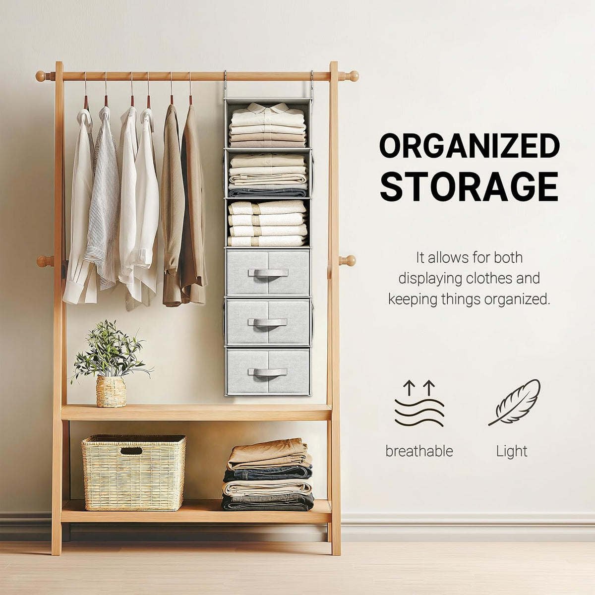6-Shelf Hanging Closet Organizer with 3 Drawers, 2-in-1 Design, Beige