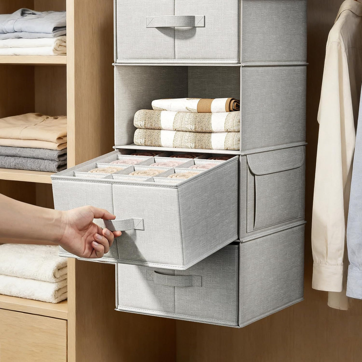 6-Shelf Hanging Closet Organizer with 3 Drawers, 2-in-1 Design, Beige