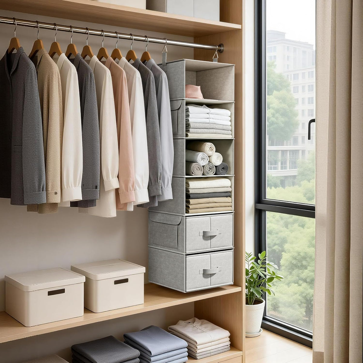 6-Shelf Hanging Closet Organizer with 3 Drawers, 2-in-1 Design, Beige