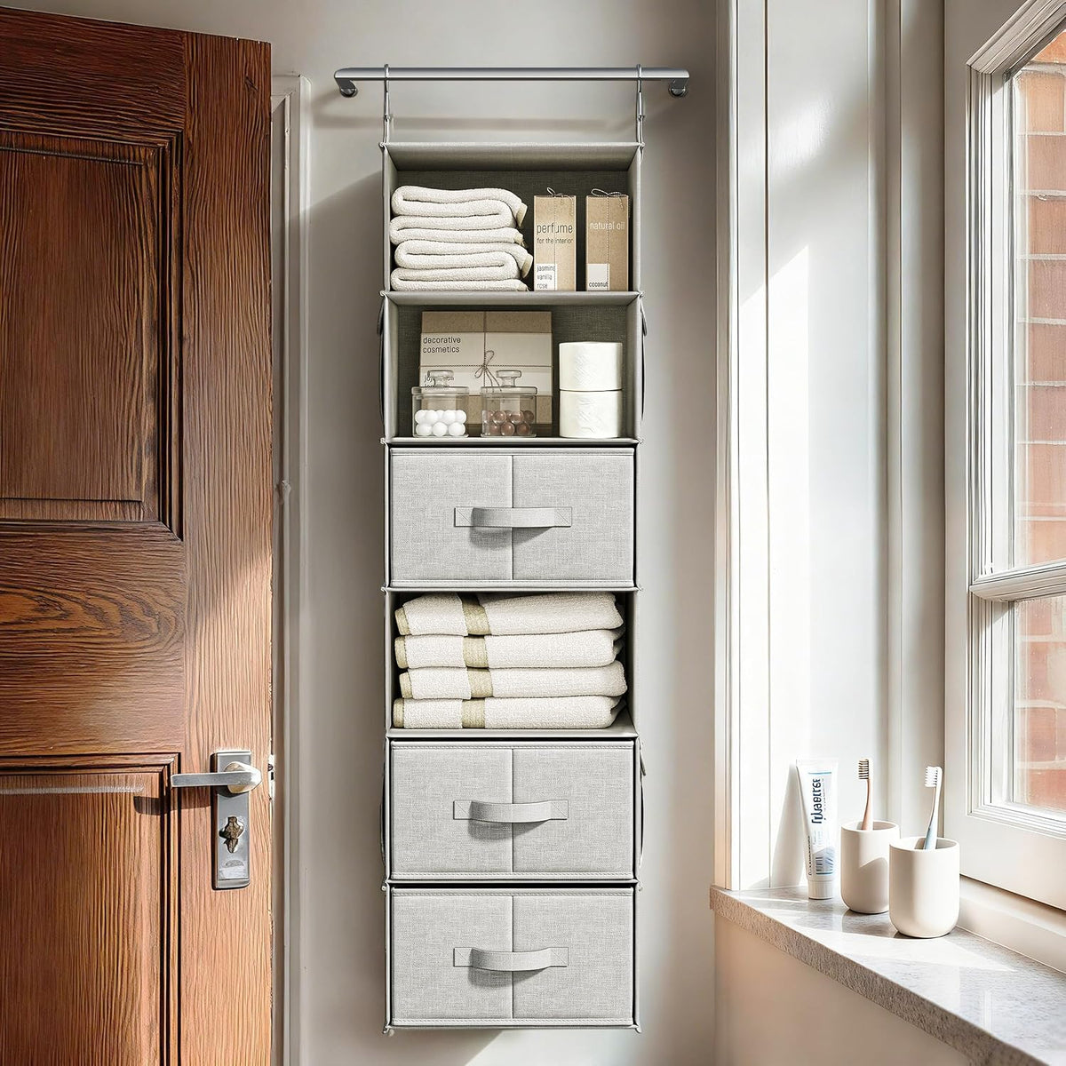 6-Shelf Hanging Closet Organizer with 3 Drawers, 2-in-1 Design, Beige